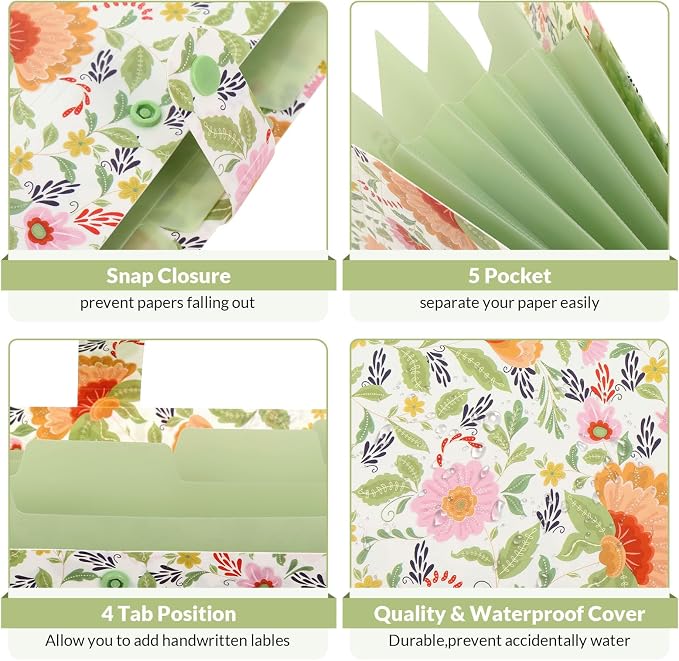 SKYDUE Accordion File Organizer, Floral Expanding File Folders with 5 Pockets, Cute Document Organizer for Paper Bills Receipt Storage, School Office & Hospital Supplies Letter/A4 Size Pea Green