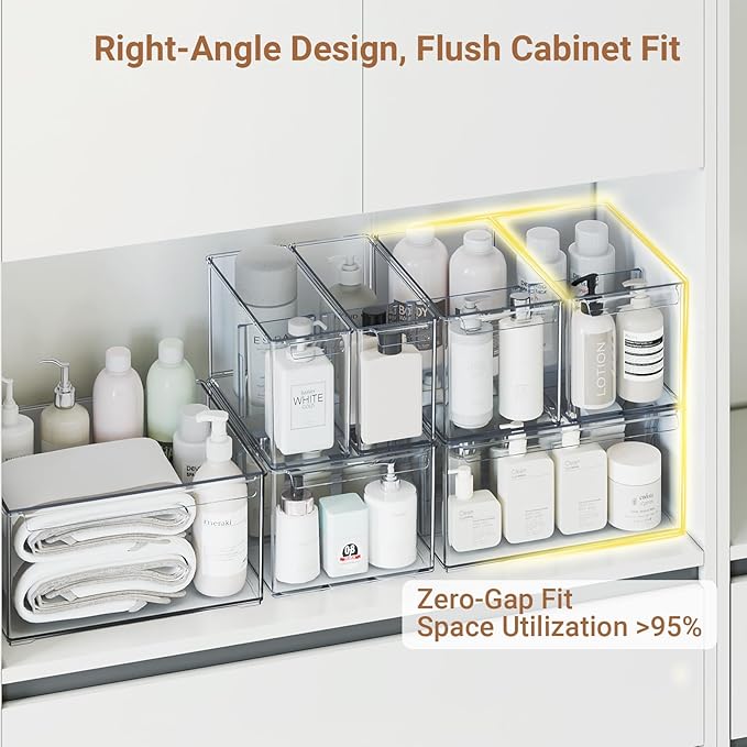 Clear Plastic Storage Bins with Dividers for Fridge Pantry Organizers and Storage Containers, 6 Pack Large Acrylic Stackable Sturdy Storage Boxes for Home Edit and Cabinet Organizers C6-4