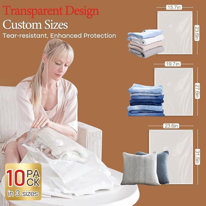 Vacbird Vacuum Storage Bags for Clothing Travel, 10 Pack Vacuum Bags with Rechargeable Cordless Air Pump(2 Large+4 Medium+4 Small), Compression Packing for Clothes Blanket Suitcase Luggage