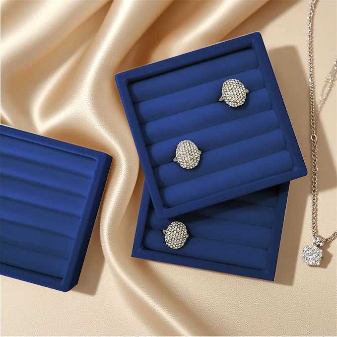 SCIKHETF Velvet Ring Earrings Studs organizer Tray Small Ring Insert Display Tray 5 Slots Stackable (Dark Blue)