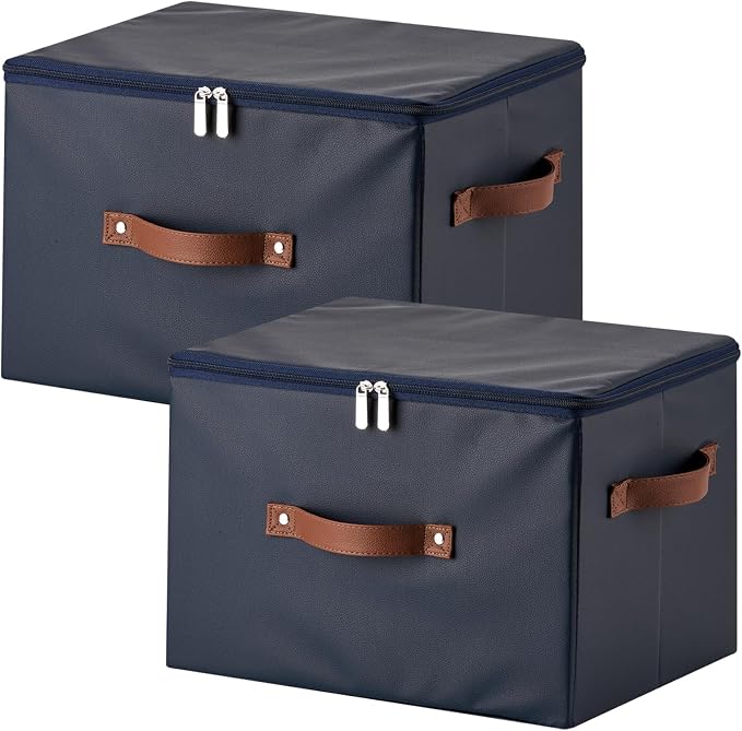 2PCS Storage Bins with Zipper Lid PU leather Storage Boxes Leather Fabric Collapsible Lidded Baskets Cube with Handle Decorative Shelves Closet Organizer Container(Dark Blue, Large Size)