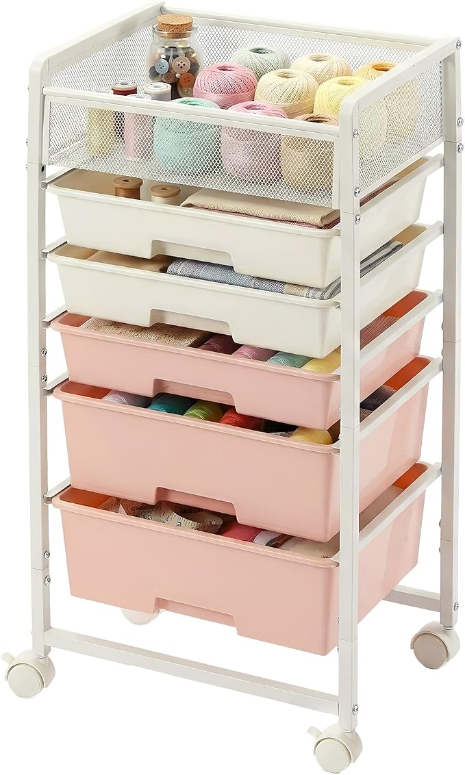 Stylish Rolling Craft Cart with Wheels and 5 Drawers, Art Cart Organizer and Storage, Rolling Storage Cart for Organizing Crafts, Yarn, Toys, School Supplies, etc