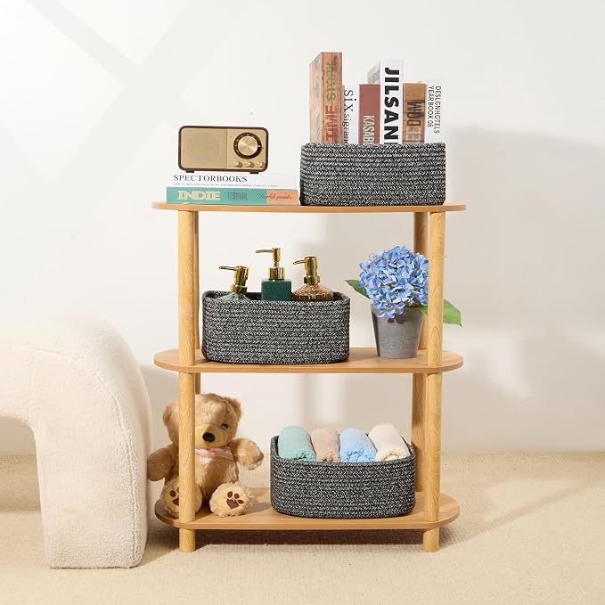 MiniArk Small Storage Baskets for Organizing | Closet Organizer Bins | Shelf Toy Basket | Woven Rope Baskets | Cube Decorative Box | Shallow Basket | 11.5x7.5x4.7” | 4 Packs Dark Gray