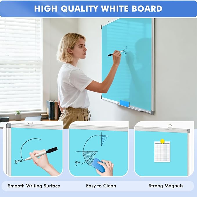 WALGLASS Magnetic Whiteboard 36"x24" Dry Erase White Board for Walls with Pen Tray, Aluminium Frame and Dry-Wipe Writing Surface for Kids' Drawing, Home, and Office (Blue)