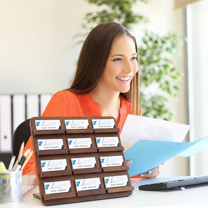 Leinuosen 4 Tier Wood Multiple Business Card Holder Desktop 12 Slot Business Card Holder for Desk Gift Postcard Display Rack Pamphlet Display Stand for Office Meeting Home (12.6 x 12.99 Inch)