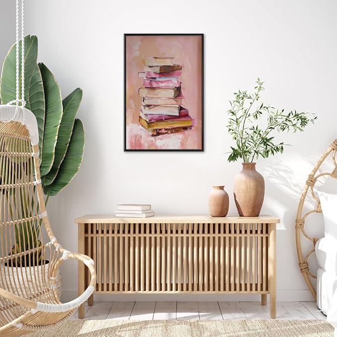 Pastel Book Stack Art Aesthetic Poster Canvas Wall Art Decoration Living Room Home Decor Bedroom Decoration Poster black framed12x18inch