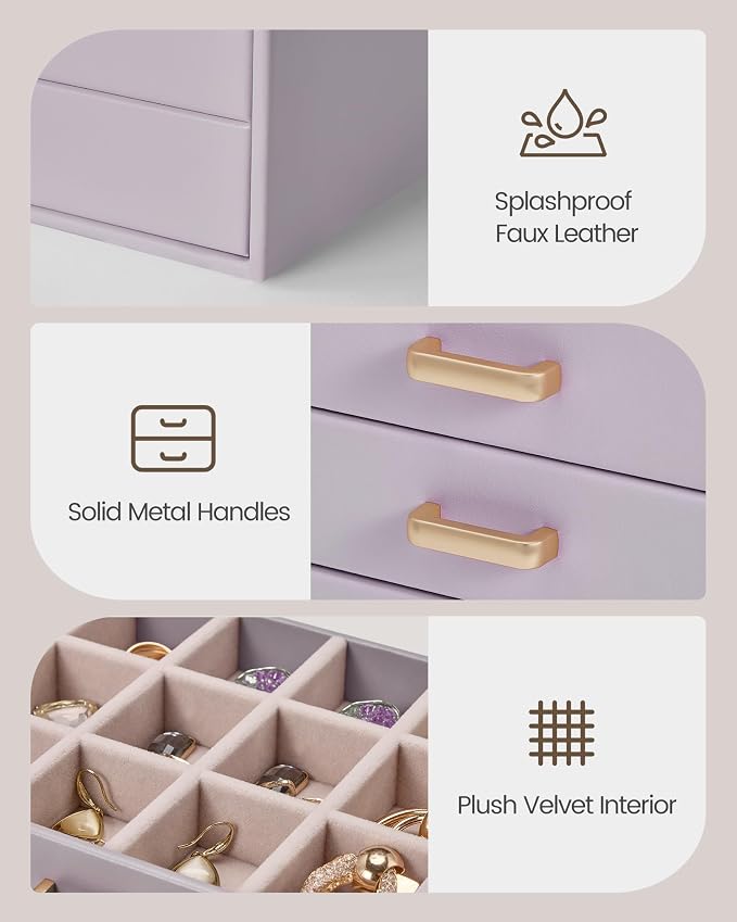 Lolalet Earring Organizer, Jewelry Box with Clear Lid -Purple, 5 Layer | PU Leather, Velvet, Removable Dividers, Dustproof, Easy Clean, For Studs Rings, Gift for Women Girls, Home Aesthetic Decor
