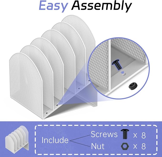 File Organizer for Desk, 5-Section Mesh Mail Holder, White | Mesh file organizer for desk, mail organizer and folder holder for A4/letter papers, notebooks, binders and office supplies