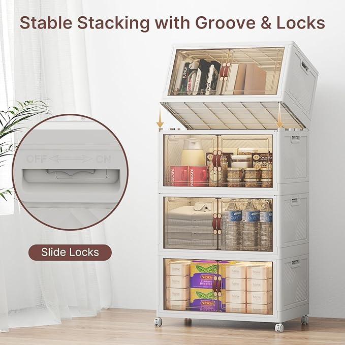 UAMFURI Stackable Storage Bins with Lids, 384QT Closet Organizers, Lockable Storage Cabinet，Foldable Storage Box with Doors and Wheels, Plastic Drawers for Home, Garage, Office (8, White, Medium)