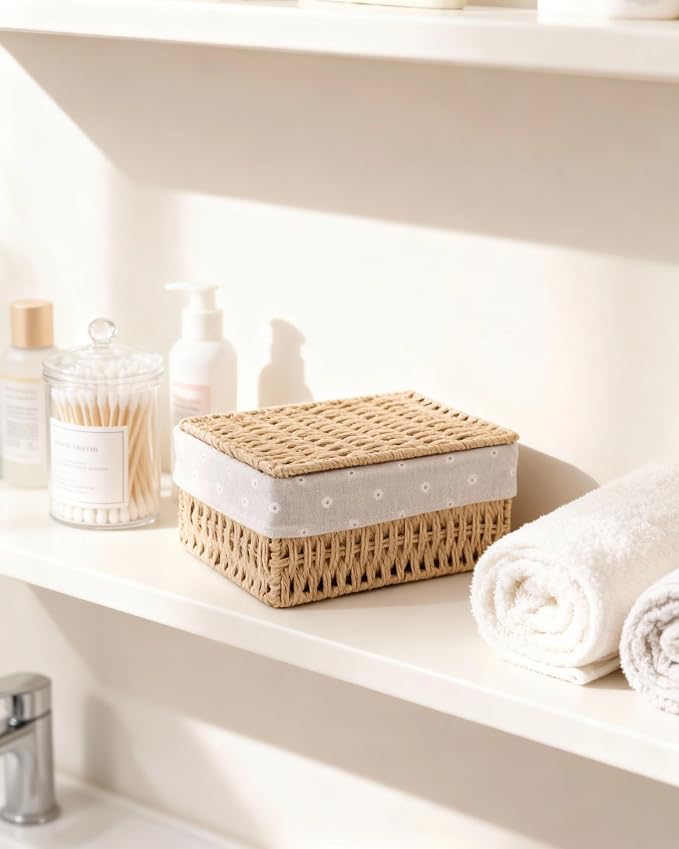 1PC Woven Storage Basket with Lid for Shelf-Khaki Medium | Bathroom, Closet & Shelf Storage Basket, Sewing & Towel Basket, Blanket & Toy Storage, Woven Basket with Liner
