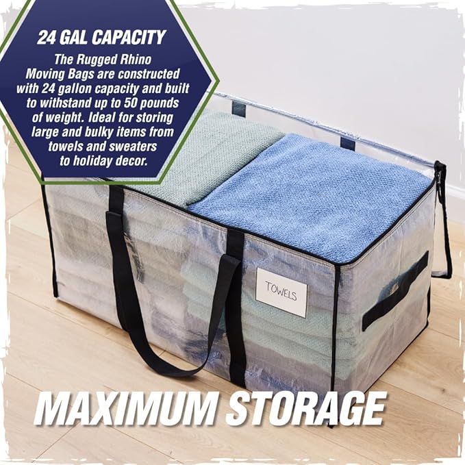 RUGGED RHINO 6 Pack Heavy Duty Extra Large Moving Bags, Durable Bag with Strong Handles and Zipper, Moving Boxes Alternative for College Packing, Holiday Décor, Space Saving Storage with Label, Clear