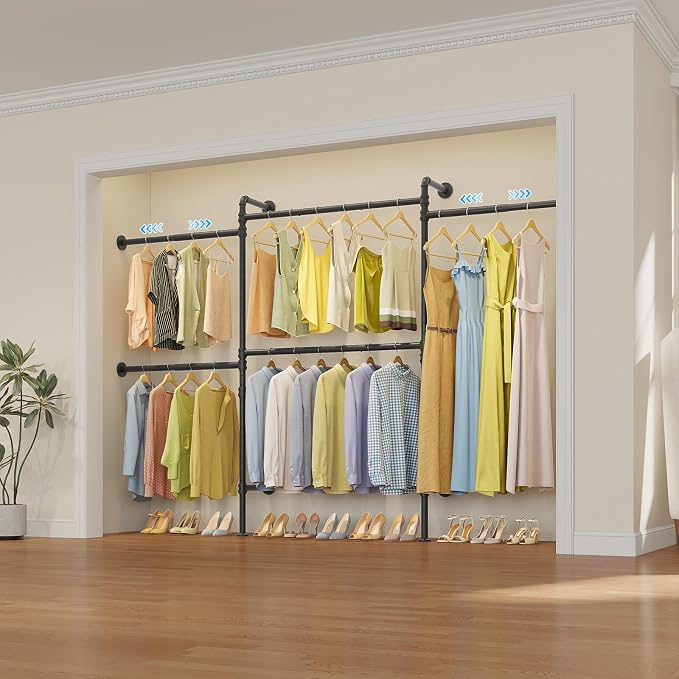 Timate P3 Wall Mounted Closet Organizer System with 5 Hanging Rods, Adjustable 5'8"–7'6", Heavy-Duty Modular Garment Rack, Space-Saving Closet Solution for Walk-in Closet, Bedroom & Small Spaces