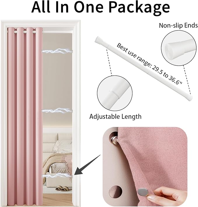 Vatge Door Curtains for Doorways Privacy, Magnetic Doorway Curtains with Rod, Temporary Door and Room Dividers for Bedroom/Hallway/Nursery, 1 Panel, W42 x L80, Pink