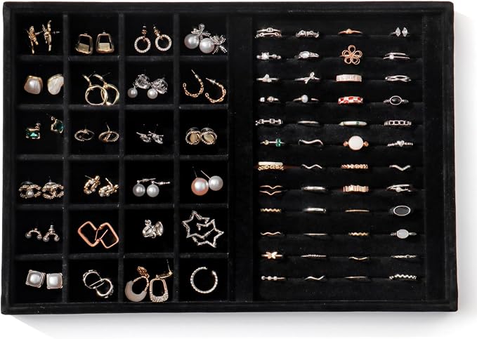 Large Jewelry Organizer for Drawer Insert Velvet Stackable Jewelry Trays for Earring Necklace Bracelet Ring Display (Black, Ring and 24 Grids)