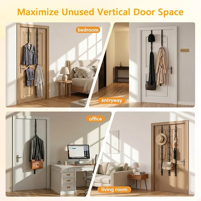 TOMIR Over The Door Hooks with 8 Hooks, Metal Long Hooks for Hanging, Behind Door Towel Rack, Purse, Coat Hanger, Non-Slip Pads with Suction Cups, Space-Saving Vertical Organizer, 37.2 Inches Black