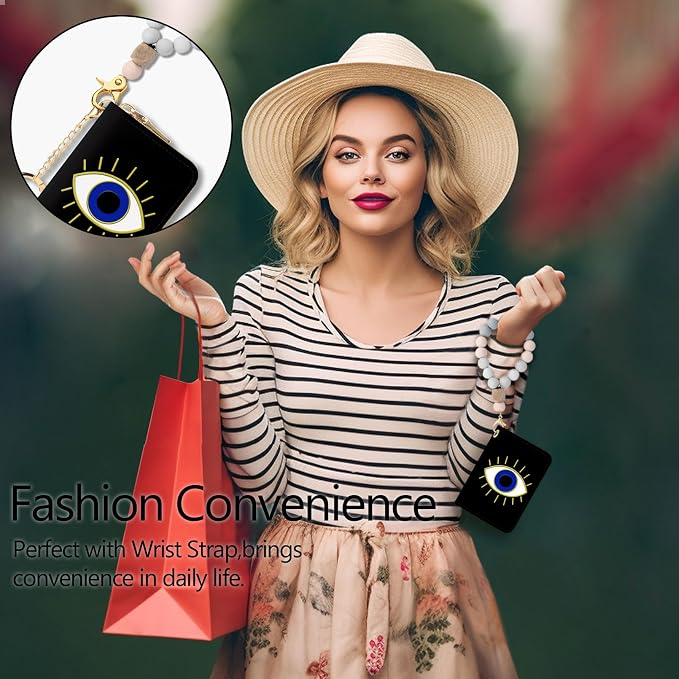 Blusabaca RFID Credit Card Holder Small Women Travel Wallet, Evil Eye | Removable Keychain, Case with Zipper, Vegan PU Leather, Cash Coin Pocket, Business Accordion Purse, Ladies Female Gift