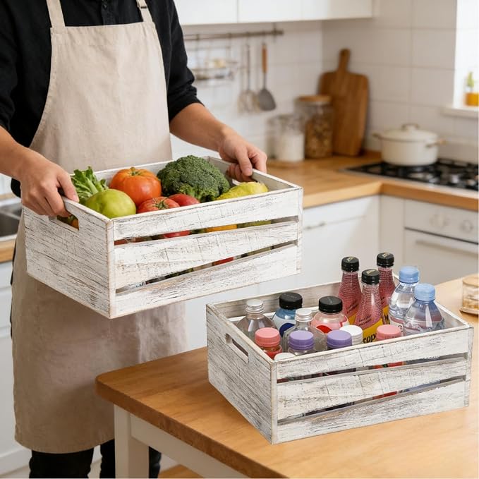 AVLA 3 Pack Wooden Storage Crates, Rustic Nesting Container Bin with Handles, Decorative Farmhouse Wood Basket, Vintage Wood Box Display Risers for Home, Kitchen Pantry Cabinet, Shelf, Counter