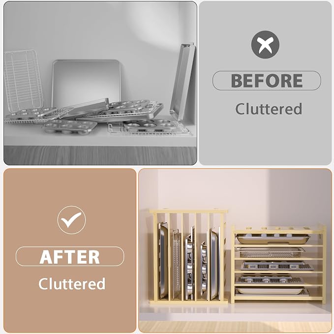 6 Tier Wooden Tray Dividers for Cabinets | Baking Cookie Sheet Organizer, Vertical/Horizontal Cabinet Dividers for Pots, Cutting Board, Kitchen Organizers and Storage