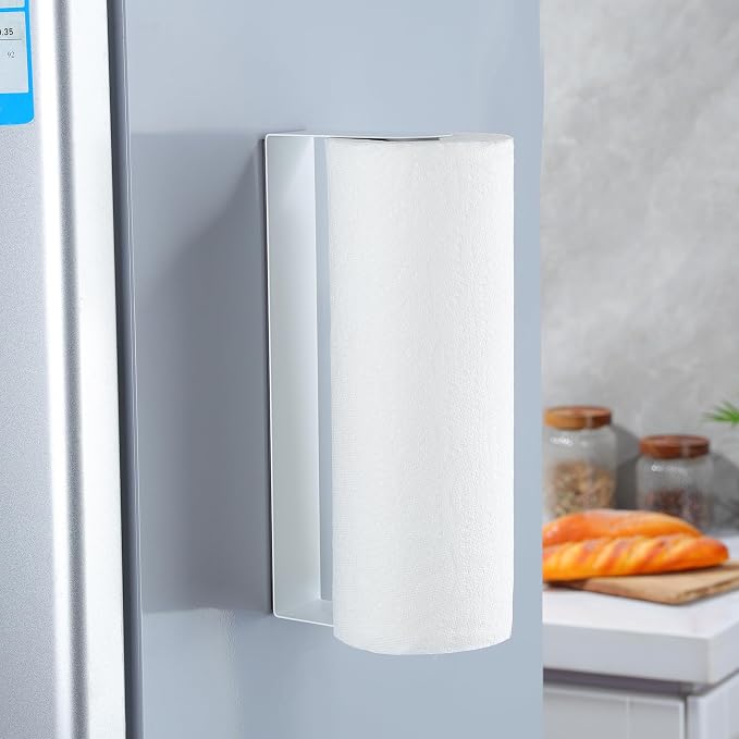 DELITON Magnetic Paper Towel Holder - Multifunctional White Paper Towel Rack with Strong Magnetic Fit Most Size Paper Towels for Refrigerator, Rv, Garage, BBQ