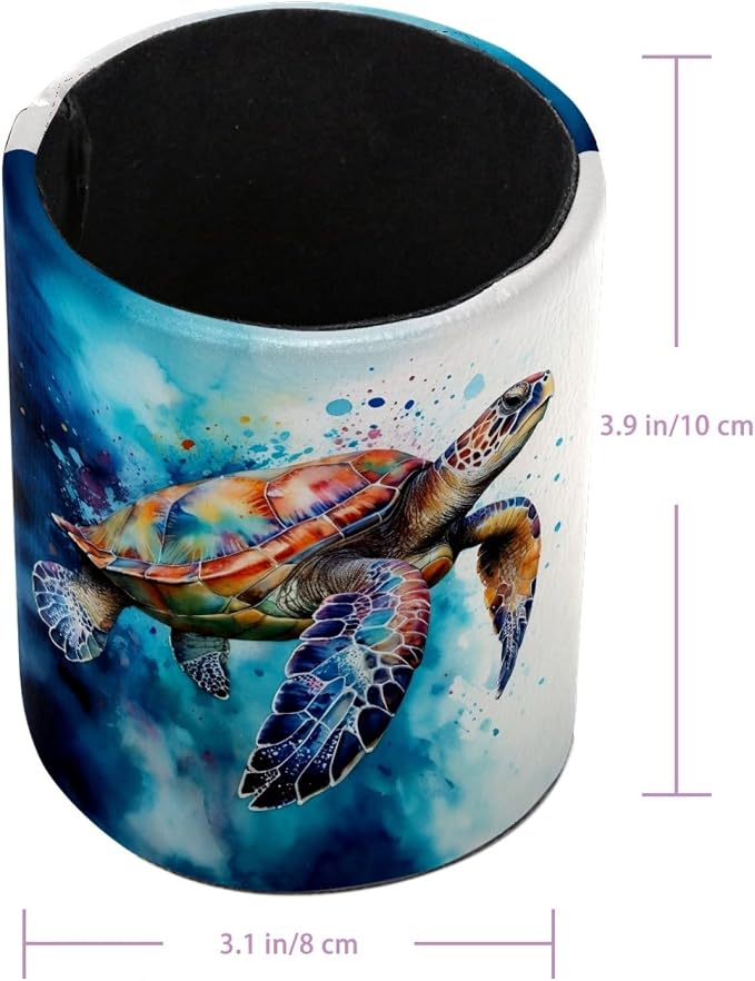 Watercolor Turtle Pen Holder Pencil Organizer for Desk, 3.1” x 3.1” x 3.9” Pencil Cup Office Supplies, Large Capacity Cute Pen and Makeup Brush Holder for Home, School, Desktop