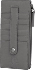 Leatherboss Genuine Leather Women's All in One Credit Business Card Case Holder Slim Zipper Wallet With a Card Protection Strap, Gray
