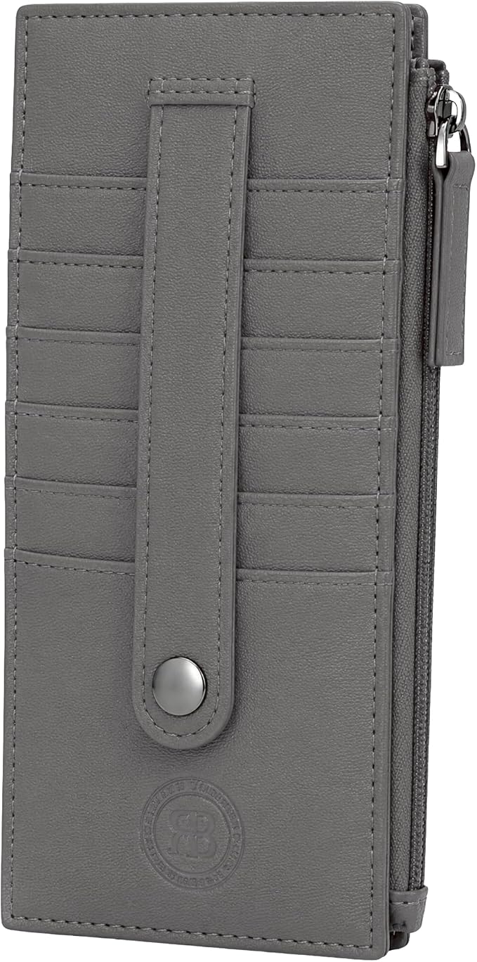 Leatherboss Genuine Leather Women's All in One Credit Business Card Case Holder Slim Zipper Wallet With a Card Protection Strap, Gray