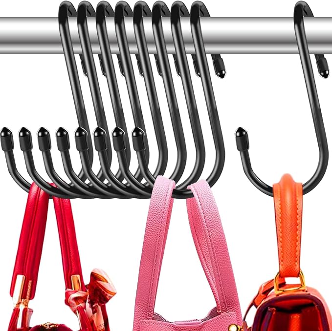 24 Pack Purse Hanger for Closet, Twist Design Hooks, Vinyl Coated Organizer, Large S Hooks for Hanging Bags, Purses, Handbags, Belts, Scarves, Hats, Black