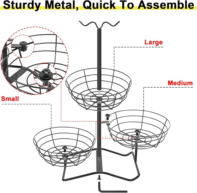 3 Tier Fruit Basket Bowl with 2 Banana Hooks, Solid Metal Standing Vegetable Storage for Kitchen Counter, Large Capacity Organizer for Bread Snack Produce (Black)