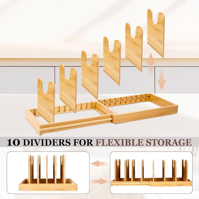 Bamboo Expandable Pot Lid Organizer, Pots and Pans Holder Rack for Cabinet | 10pcs Removable Dividers, Customized Storage, Space-saving, FSC-certified Bamboo, No Assembly