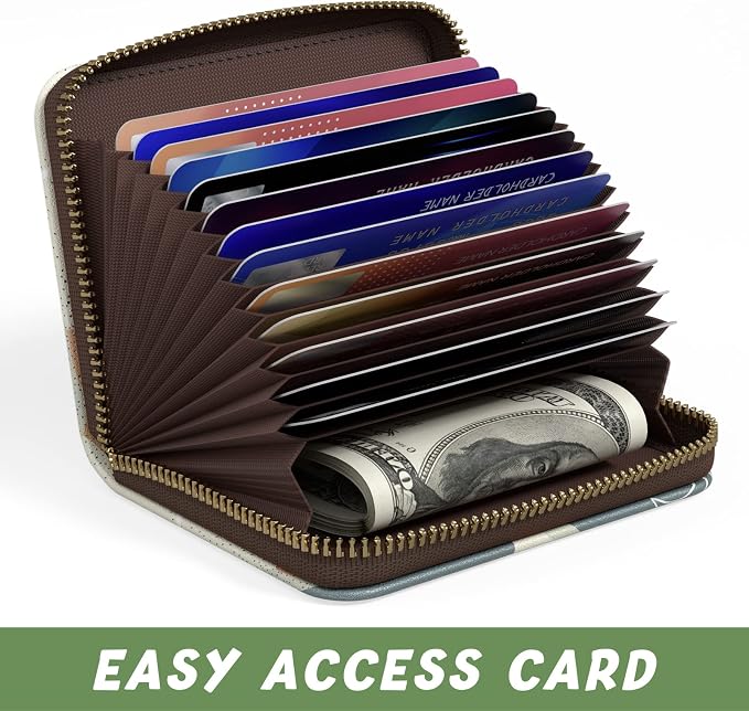 Aiawoxc Credit Card Holder, Small RFID Wallet Slim Leather Card Organizer Case with Zipper and Keychain, Abstract Boho Leaves