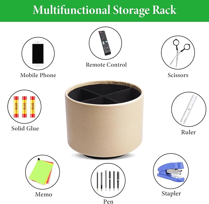 Round Leather Art Supply Organizer,Remote Control Holder,360 Degree Spinning,Multi-Functional Pencil Holder,4 Compartments Desktop Stationary Organizer(1-Lichee Gold)