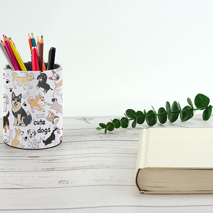Cute Dogs Pen Holder Pencil Cup for Desk Organizer | Cute Makeup Brush Holder PU Multifunctional Office Suppliesfor Decor Home Classroom School