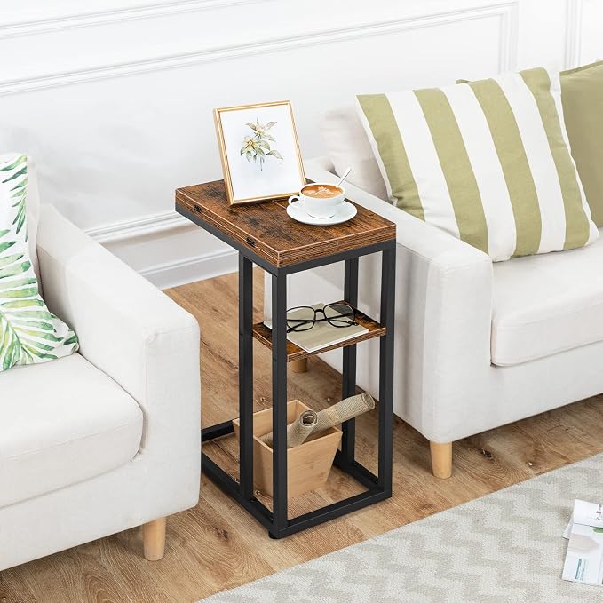HOOBRO Foldable C Shaped End Table, C Shaped Side Table with Storage Shelf, Small Snack Table, Slide Under Couch Table for Sofa, Living Room Bedroom Small Spaces Easy Assembly, Rustic Brown BF29SF01