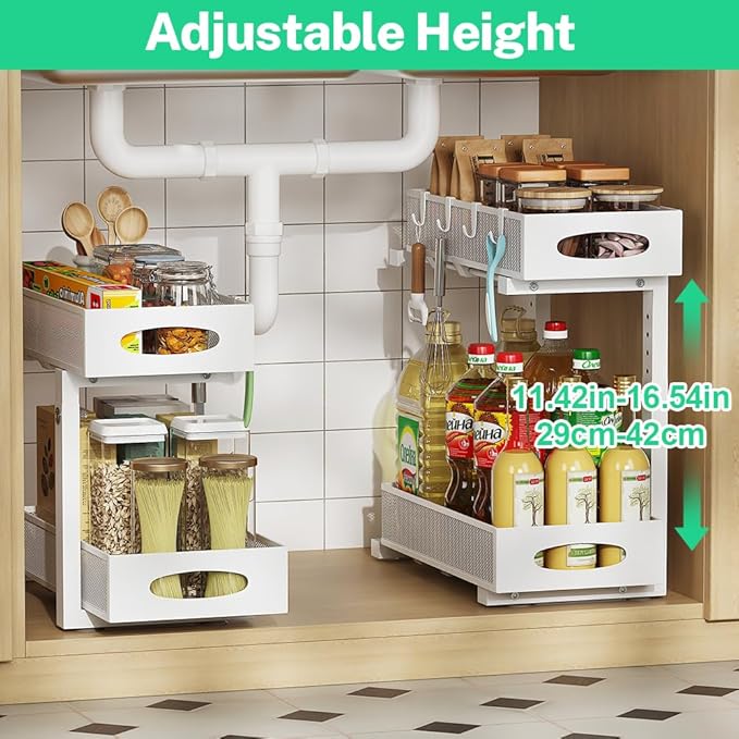 2 Pack Under Sink Organizer and Storage, 2 Tier Pull Out Sliding Cabinet Shelf, 5-Level Height Adjustable Thickened Carbon Steel Storage Rack for Kitchen Bathroom Cabinet,White
