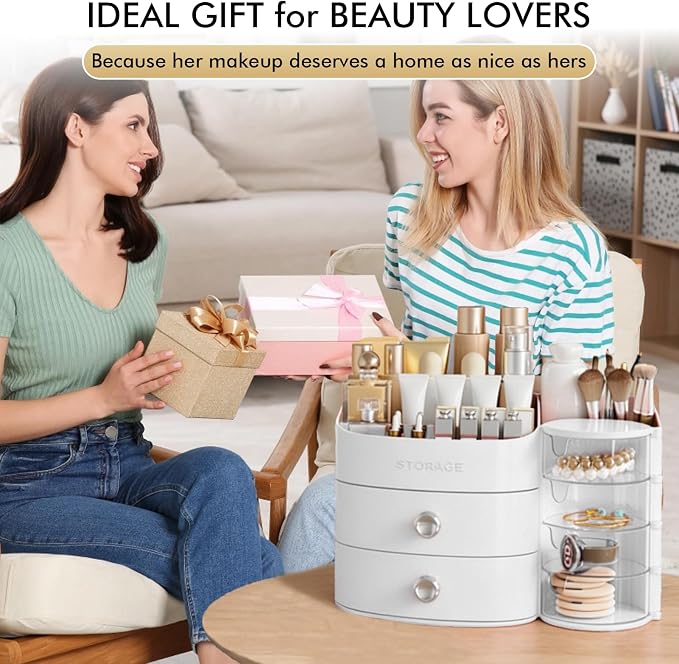 Makeup Organizer Countertop with Drawers, Make up Organizers for Vanity, Skincare Jewelry Earring Organizers, Cosmetic Display Cases Makeup Storage for Bedroom & Bathroom, Ideal Gifts for Women(White)