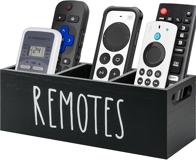 Remote Control Holder, Wooden TV Remote Holder for Table, Remote Caddy Organizer with 3 Compartments, Media Storage Box for Nightstand, Couch (Black)