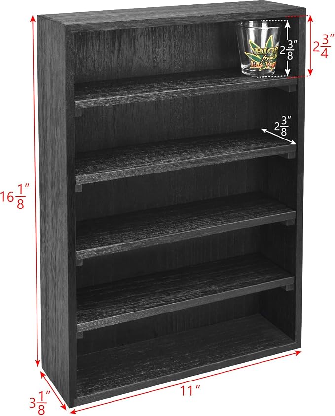 Ikee Design Wooden Wall-Mounted Display Shelves Rack for Collectibles, Figures,Shot Glasses,Spice Can,Cosmetics or Perfume, 5 Adjustable Height Shelves,Space-Saving, Black Color
