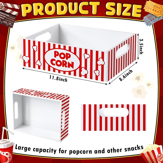 Movie Night Supplies Snack Trays with Handles Reusable Wooden Movie Gift Basket for Theater Popcorn Bucket Bowl Box Container Family Room Decor(Striped)