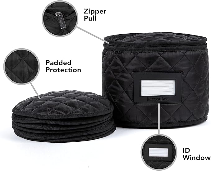 Covermates Keepsakes Dish Storage Case – Padded China & Dinnerware Organizer, Quilted Polyester Protection, ID Window, Zipper Closure, Machine Washable, Black