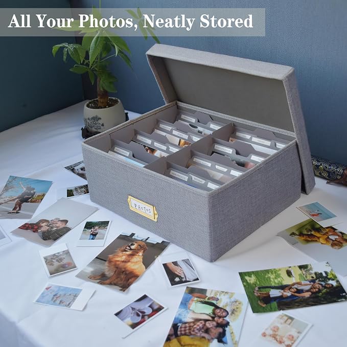 Linen Photo Storage Box – Holds 1700 Photos, Photo Organizer with Lid for Photo, Pictures, 24 Adjustable Dividers & 72 Labels Multi-Use Organizer Memory Box for Envelopes, Baby, Wedding, Cards Grey