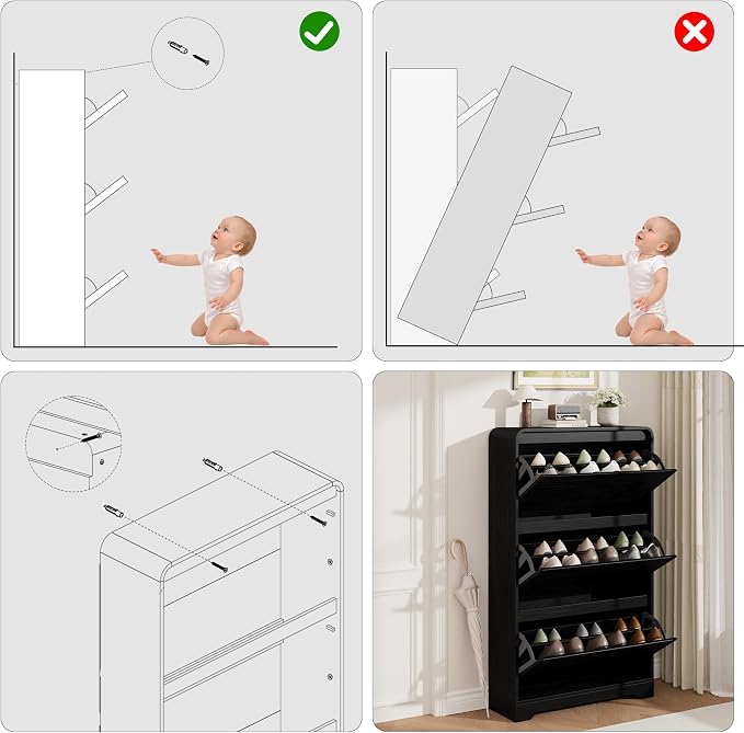 Garvee Hidden Shoe Cabinet, Black | 3 Flip Drawers, Freestanding, For Entryway, Hallway, Foyer, Modern Design, Small Space