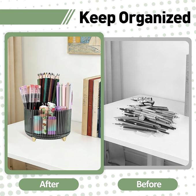 360 Rotating Pen Pencil Holder for Desk, Pen Organizer with 5 Slots, Makeup Brush Holder, Desk Organizer and Accessories, Cute Pencil Cup Caddy for Office School Home Decor Art Supply (Green)