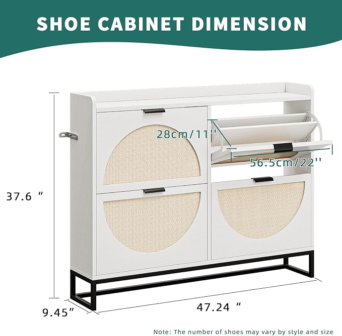 Flip Drawer Shoe Cabinet, Slim Narrow Entryway Storage Furniture with Hidden Flip-Open Organizer, Engineered Wood & Veneer Construction, 4 Drawer, White