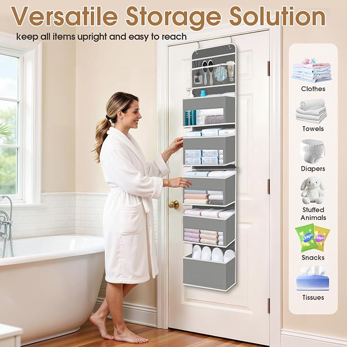 WISELIFE 6-Tier Over The Door Organizer Storage Detachable Design Door Hanging Storage Organizer with Clear Window Behind The Door Storage for Nursery Bedroom Bathroom Pantry Closet Grey