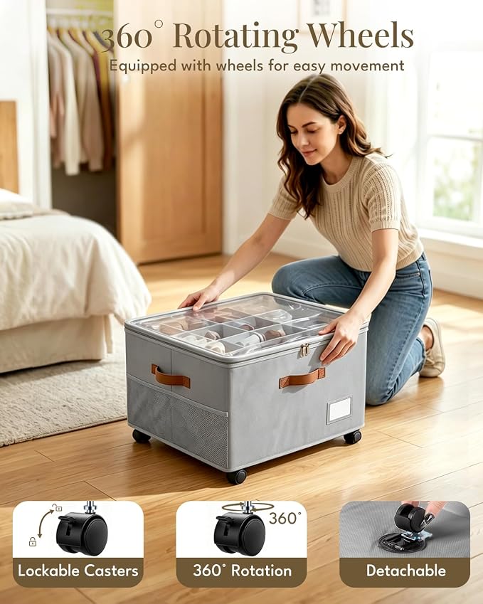 Shoe Organizer for Closet with Wheels - 2 Pack Shoe Storage Box Bin Cubes | Detachable Wheels | Fits 32 Pairs | Adjustable Dividers | Side Pockets | Clear Cover | Foldable | Stackable | Label Holder