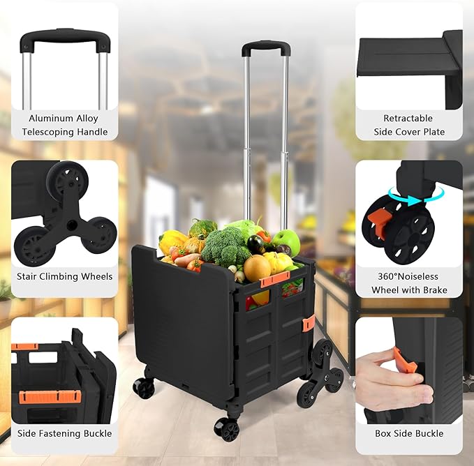 Foldable Utility Cart Collapsible Portable Crate Rolling Carts with Stair Climbing Wheels Tote Basket with Magnetic Lid Telescopic Cover Wear-Resistant 360°Rotate Wheel Noiseless for Shopping Office