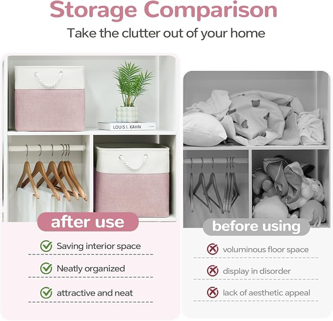 12 x 12 Inch Cube Storage Bins, 4 Pack Fabric Storage Basket with Handles, Foldable Boxes Organizer for Shelf Baskets for Home, Clothes (White/Pink)
