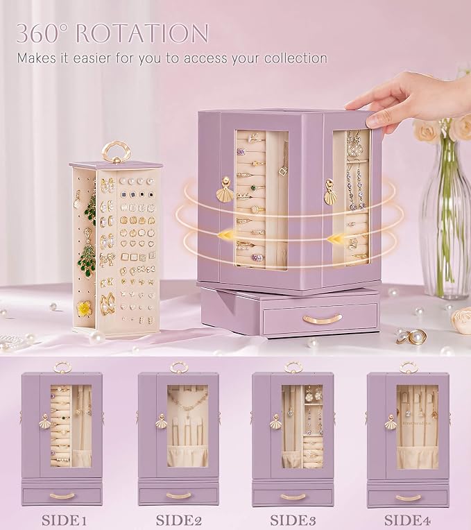 Enthralite Luxury Jewelry Box for Women: 360° Rotating with Clear Window | Compact Jewelry Storage with Drawer - Necklace Ring Organizer with Compartments - Elegant Earring Holder Display Great Gift