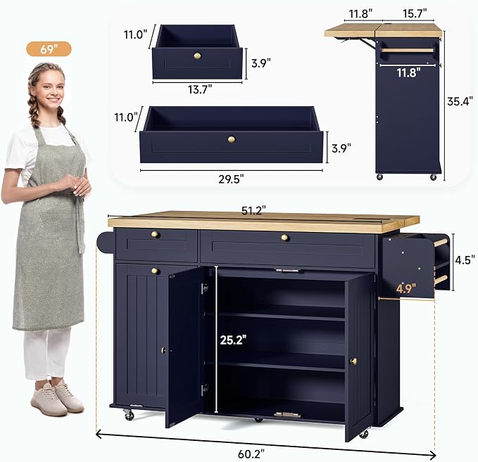 ONBRILL 60" Kitchen Island with Power Outlet & Drop Leaf, Rolling Island with Spice Rack & Towel Rack, Kitchen Island Cart with Trash Storage Cabinet, Island Table for Kitchen, Blue