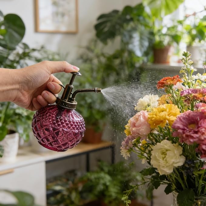 OFFIDIX Plant Mister Spray Bottle,Glass Decorative 300ML Vintage Watering Small Indoor Watering Can with Plastic Pump for Indoor Plants,Garden,Cleaning（Amaranth）